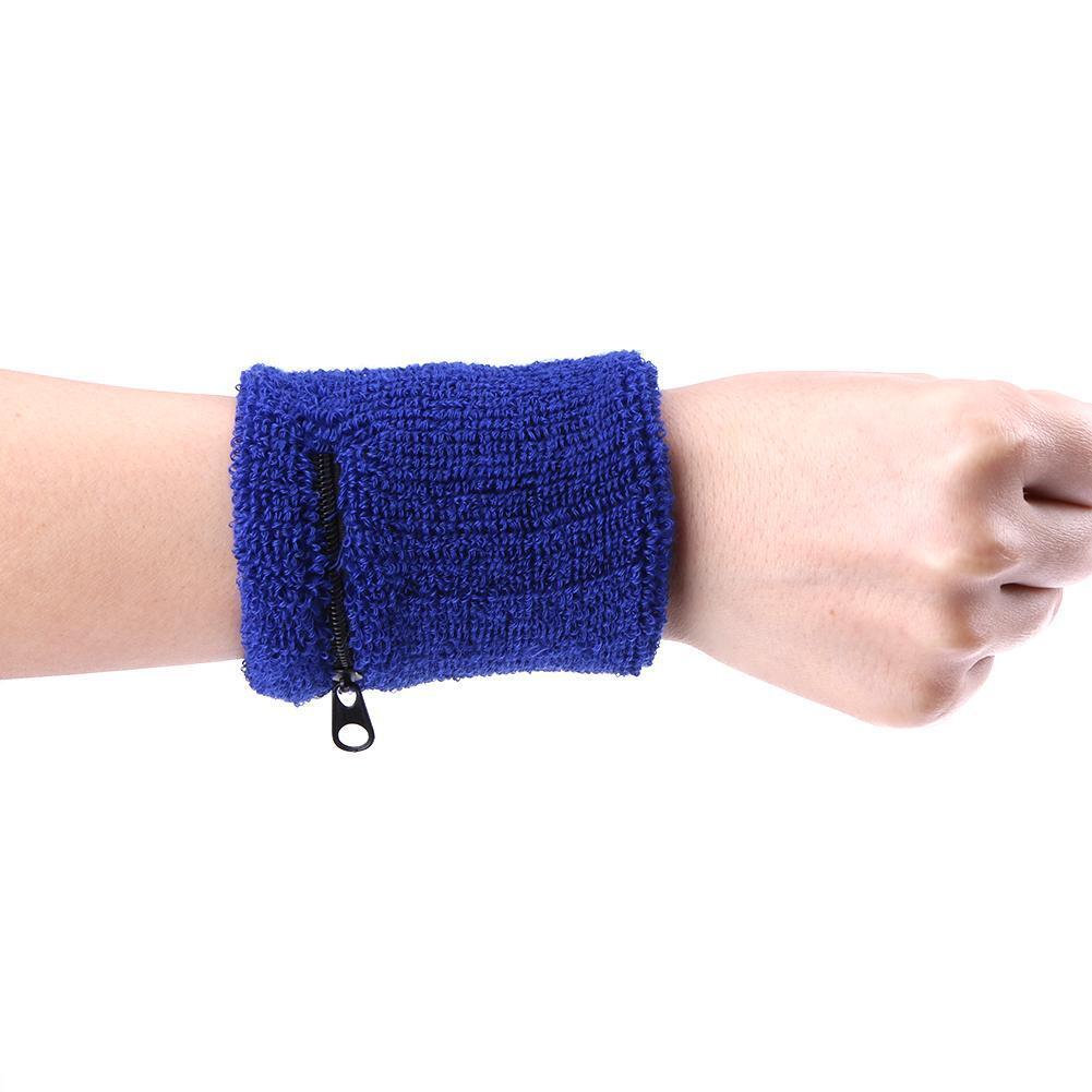 A Pair Zipper Pocket Sports Sweatbands Wrist Bands Cycling Towel(Blue)