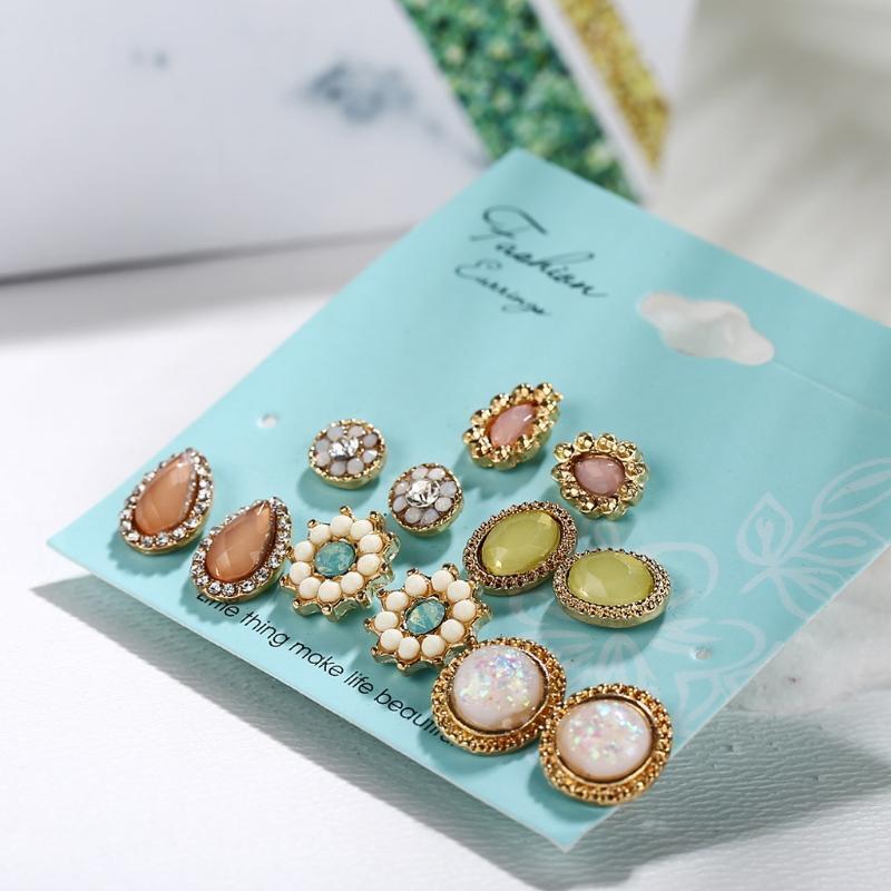 Bohemia Assorted Flower Opals CZ Stone Stud Earrings Set Women Statement Jewelry