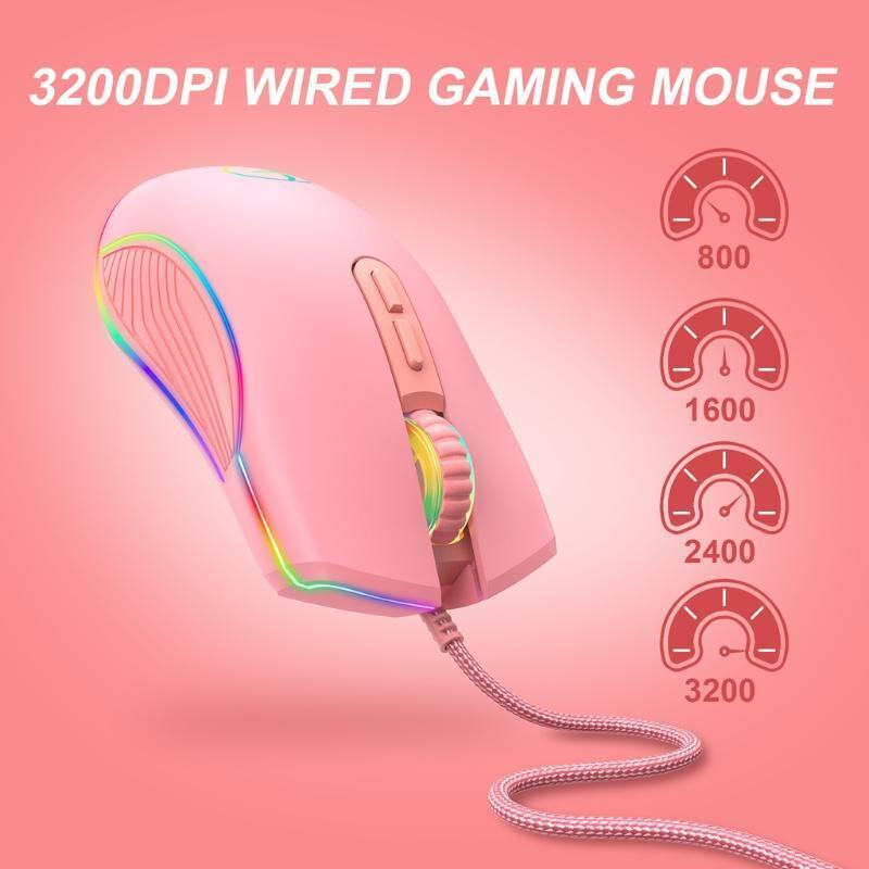 Optical Pink Wired Mouse Mice With Braided USB for Laptop Computer Gift w/Type-C