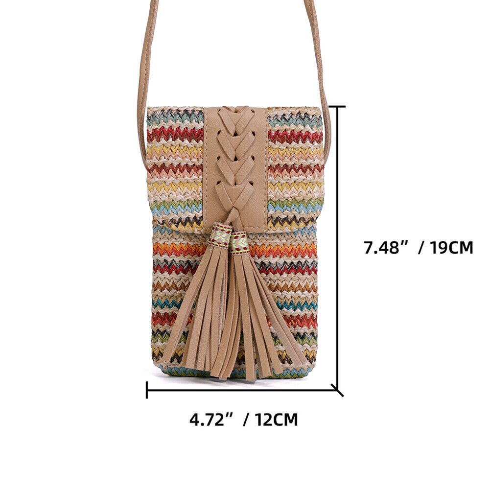 Women Straw Mobile Phone Bag Ethnic Woven Tassel Girl Satchel Crossbody Bag