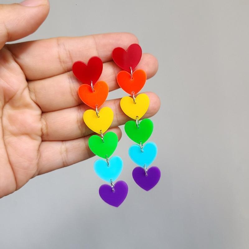 Fashion Rainbow Long Tassel Acrylic Earrings Peach Heart Exaggerated Pendants
