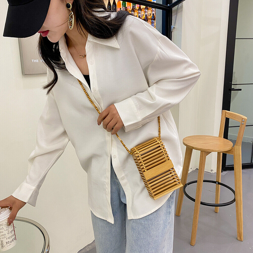 Fashion Women Bamboo Strips Phone Mini Crossbody Shoulder Messenger Bag