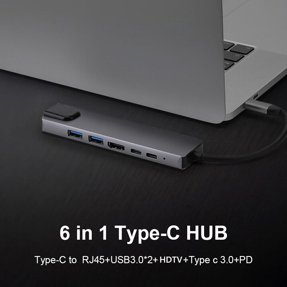 6 in 1 USB C HUB 2 USB 3.0 4K HDMI-compatible Type-C 100W PD RJ45 Adapter f