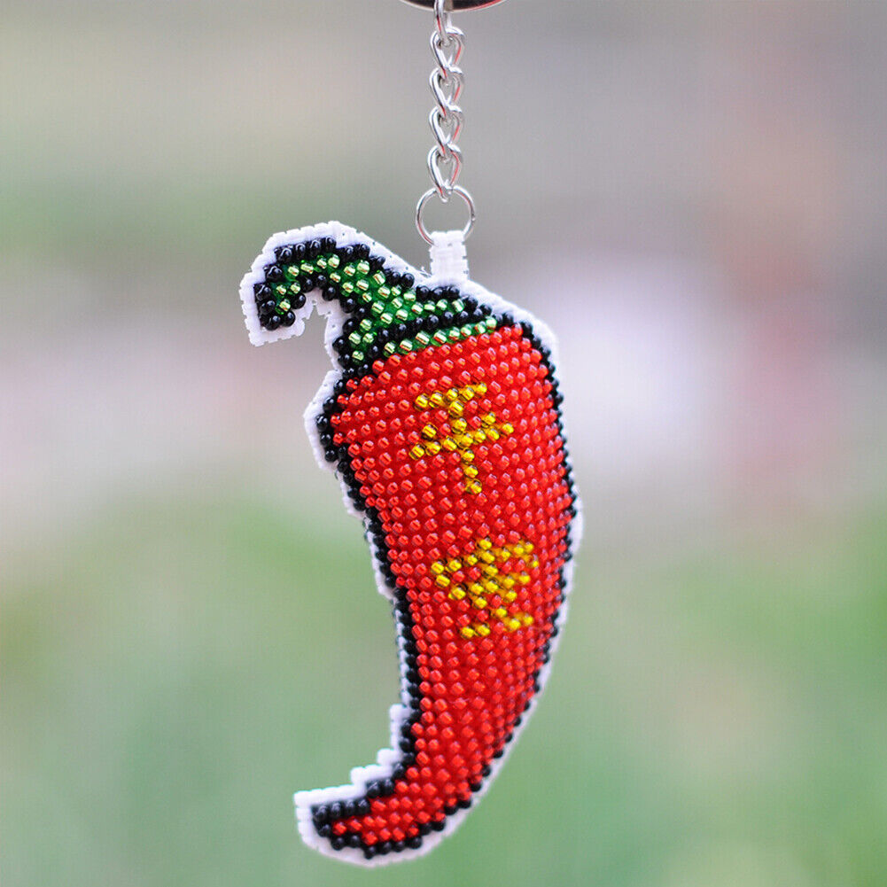 DIY Full Bead Cross Stitch Keychain Chili Printed Embroidery Keyring Gifts