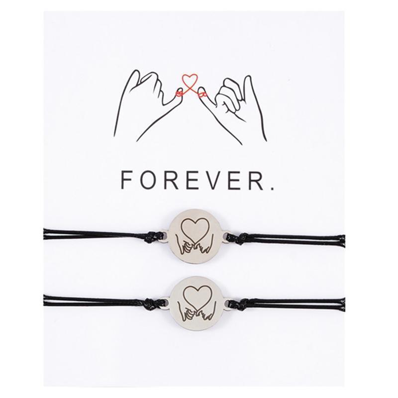 2Pcs Matching Bracelets Round Charm Pendant Wax Wristband for Best Friend Couple