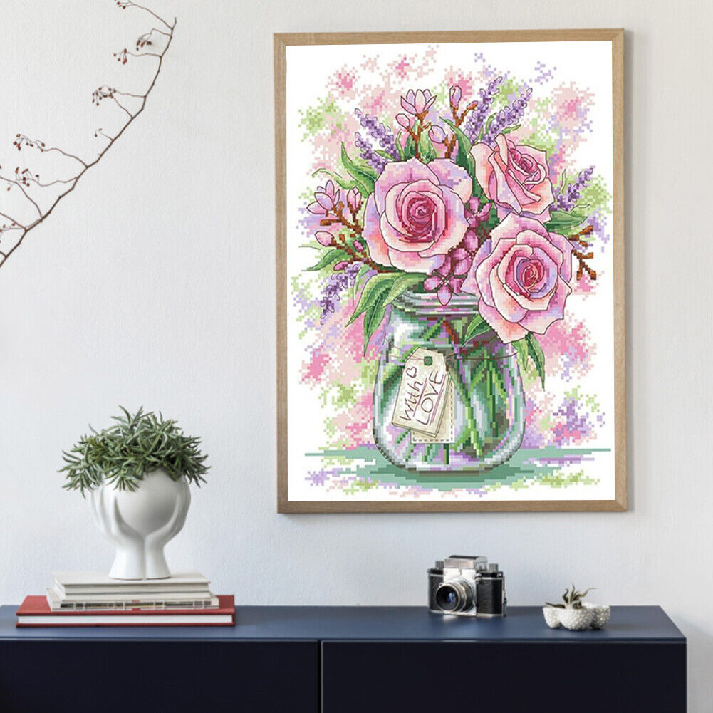 Partial Embroidery Kits Pink Rose 11CT Stamped Needlework Home Art Decor