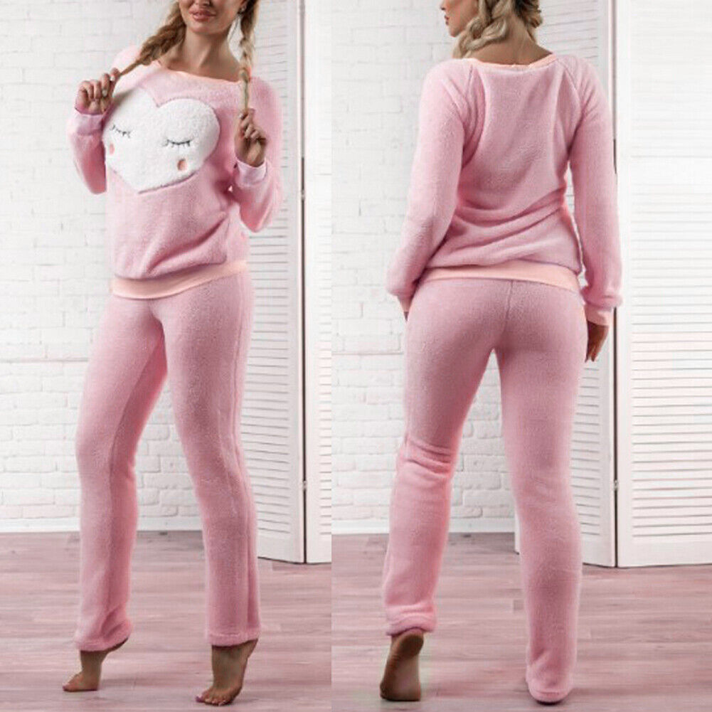 Women Pullover Two Pieces Sweatshirt Pants Trousers Outfits (Pink)(M)-12052