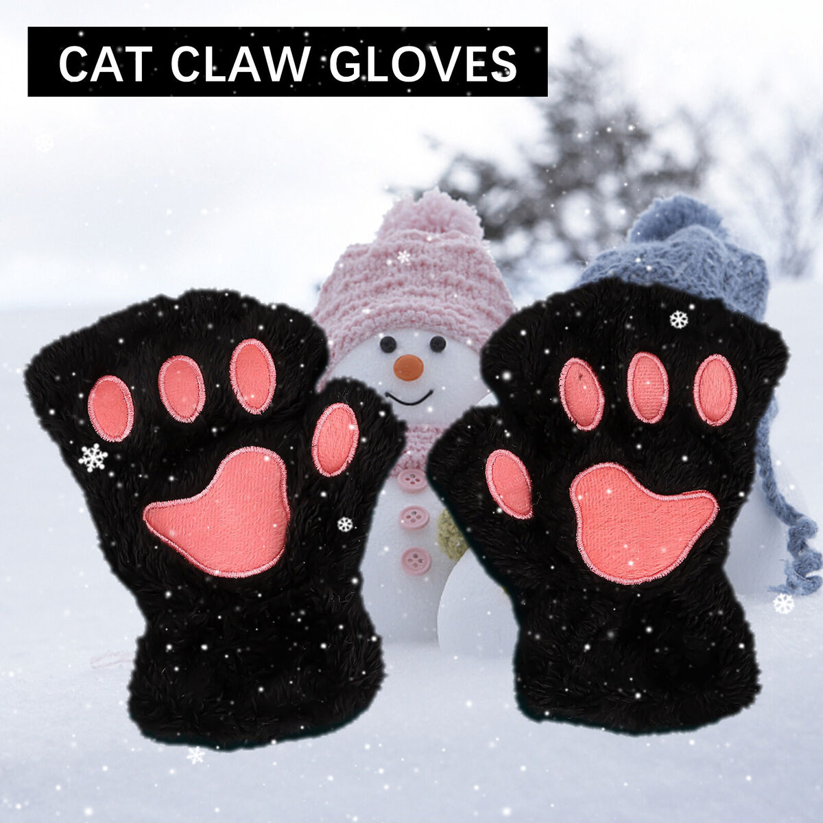 Cat Paw Gloves Durable Plush Cat Paw Fingerless Faux Fur Gloves (Black)