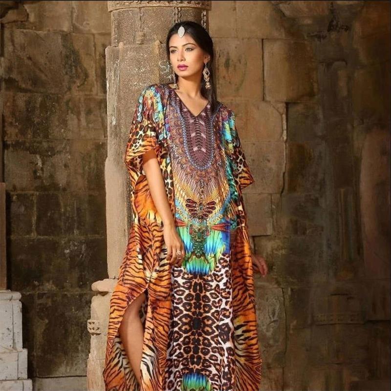 Women Middle East Kaftan Robe Beach Dress Boho Leopard Print Swimsuit Cover Up