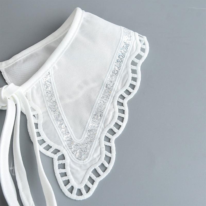 Women Crochet Sequins Patchwork Faux Collar Shawl Hollow Wavy Trim Lace-Up Cape