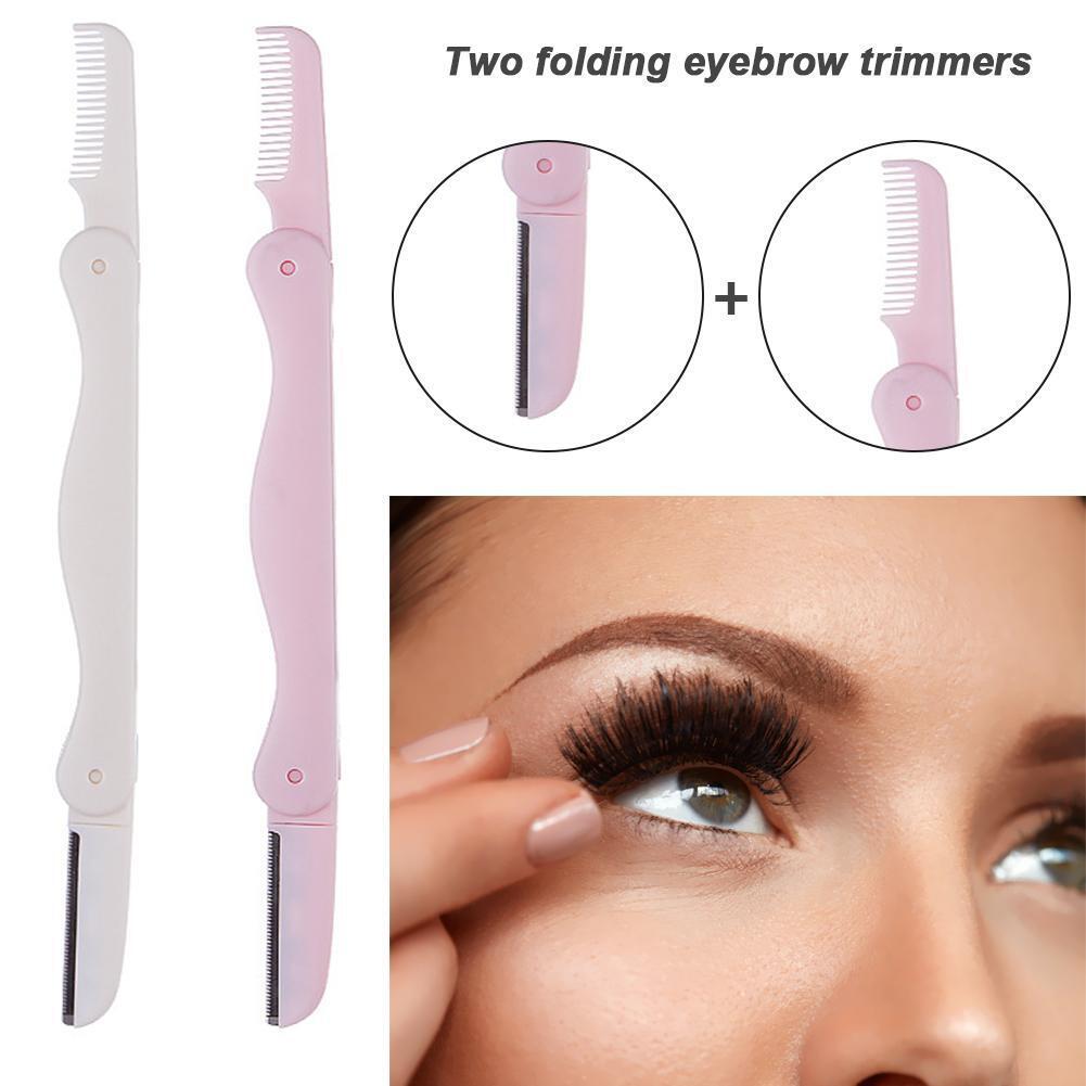 2pcs Folding Eyebrow Trimmer Eye Brow Makeup Shaver Brush Kit (Pink White)