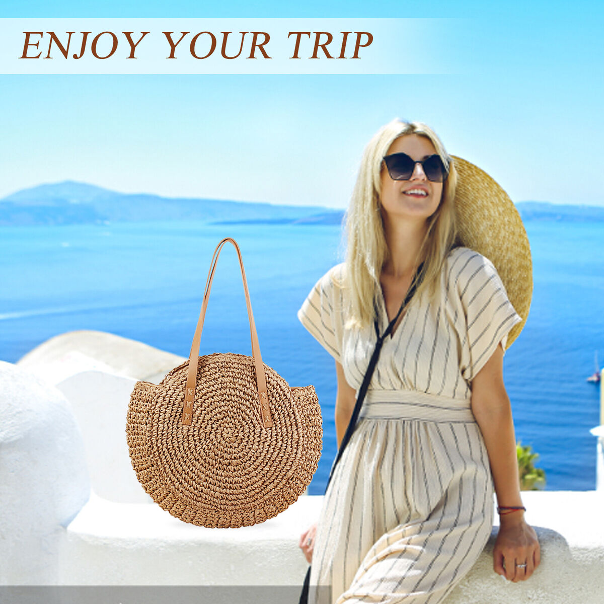 Straw Crossbody Bag Women Weave Shoulder Bag Round Bali Handbags (Camel S)