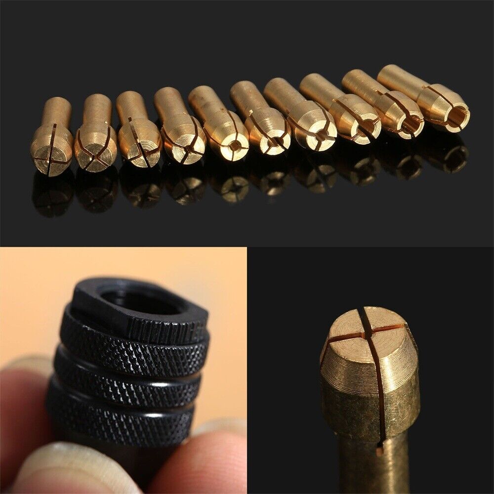 10pcs 0.5mm-3.2mm Brass Collet Chuck Bits & M8 Keyless Chuck Rotary Tool Kit C6B