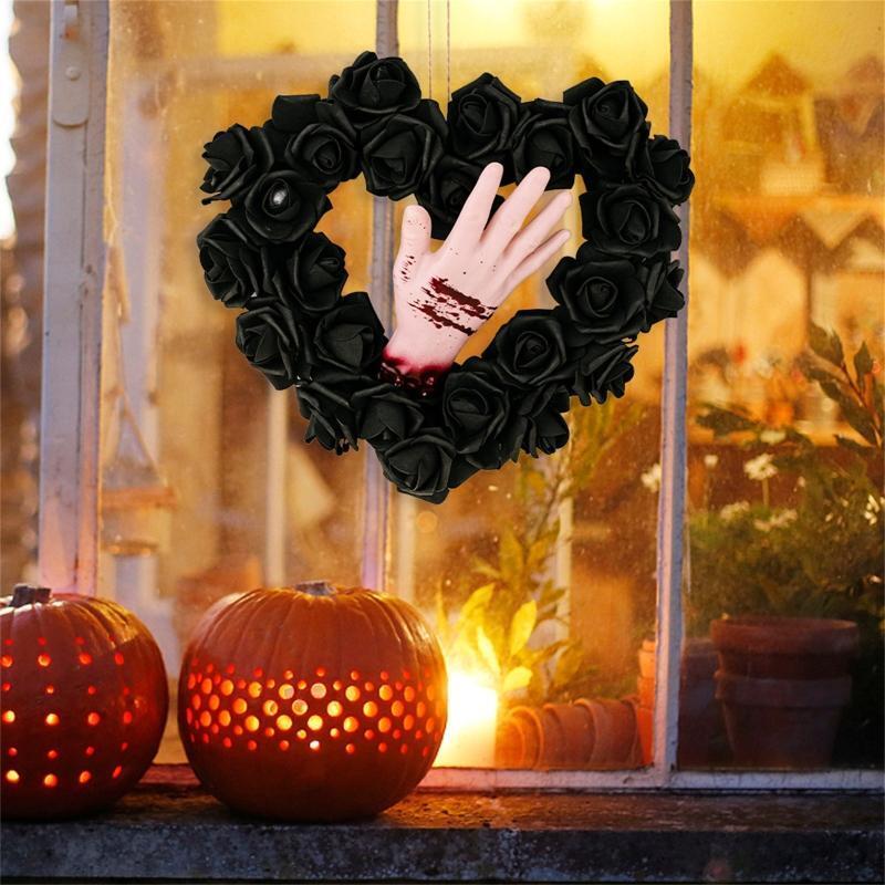 Black Halloween Wreath Heart Wreath Door Wreath with Bloodstain Hand Rose Decor