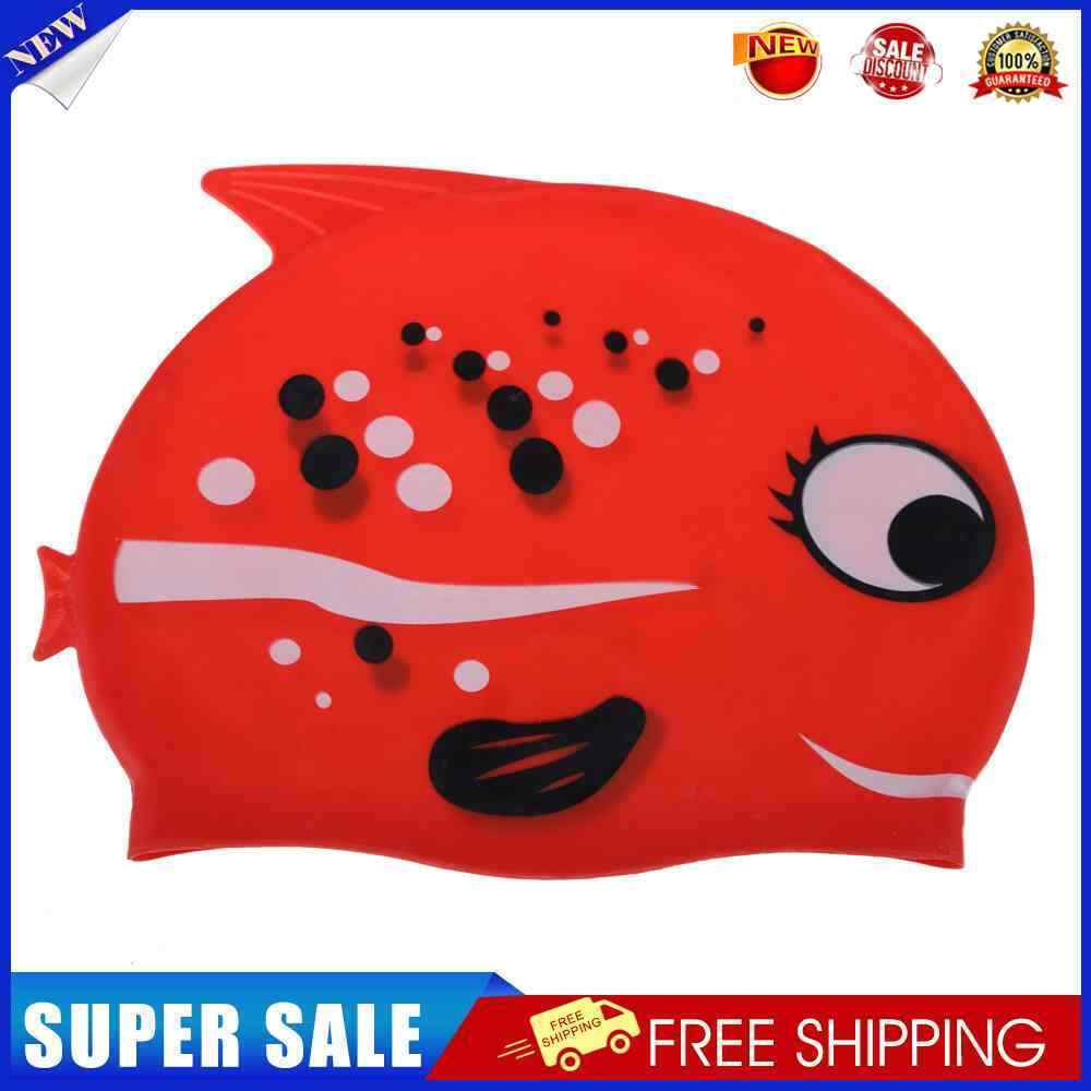Cute Children Cartoon Swimming Cap Silicon Diving Waterproof Bobofish Red