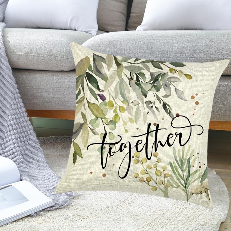 Linen Pillow Covers 4pcs/set Letters Vase Plant Eucalyptus Leaves Pillowcase