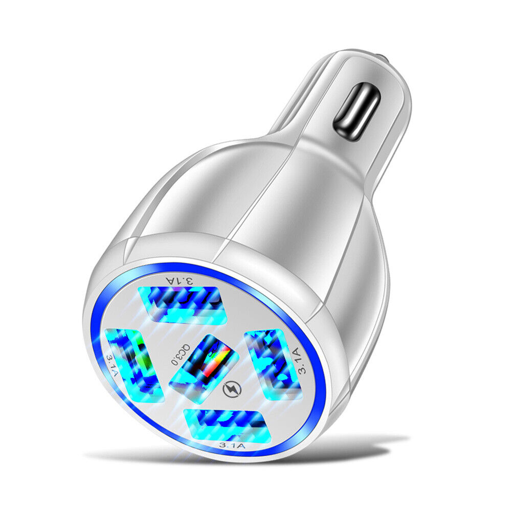 5USB QC3.0 Car Charger 3.1A Multi Ports Phone Fast Quick Charging (White)