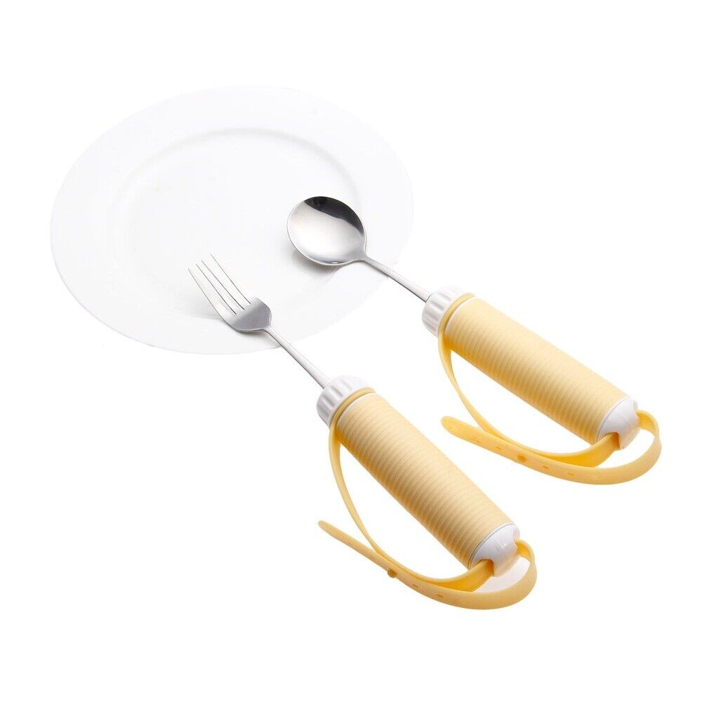 2x Food Spoon & Fork Stainless Steel Handle Eating Assist Tool for Elder/Patient