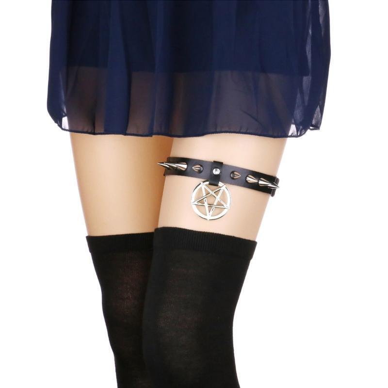 Elastic Leg Belt with Five-pointed Star Decor PU Leather Thigh Chain for Women