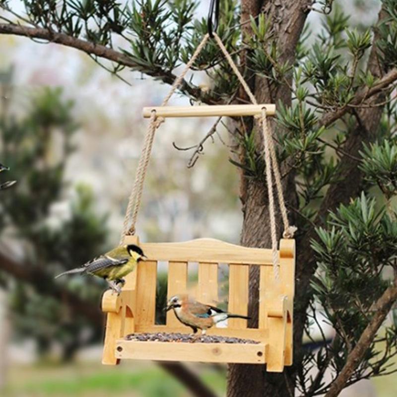 Hanging Bird Feeder Wooden Swing Bench Food Tray Outdoor Decor for Yard Balcony
