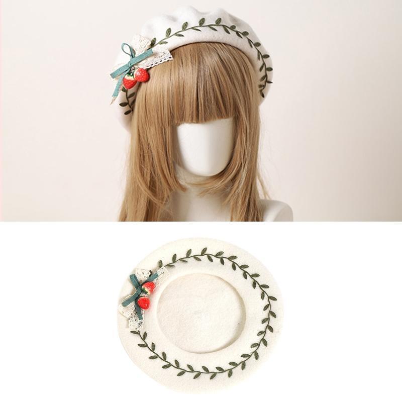 Lolita Painter Hat Beanie Hat Strawberry Green Leaf Beret Wild for Dog Walking
