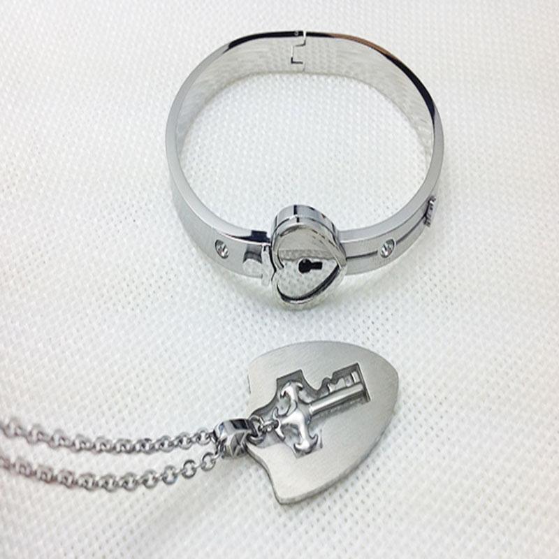 Couple Titanium Steel Lock Bangle Bracelet & Key Pendant Necklace Love Sets Gift