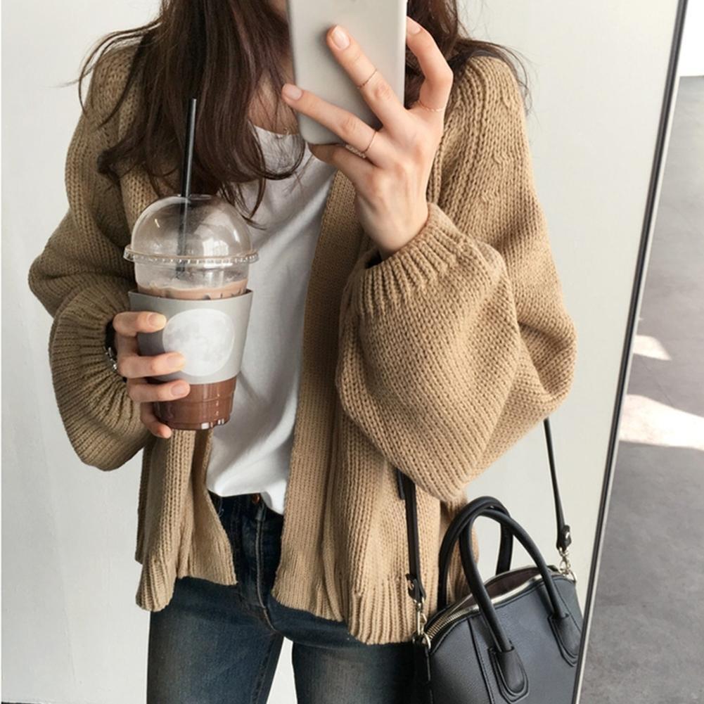 Women Short Style Long-Sleeves Coat Knitted Solid Color Cardigan (Khaki)