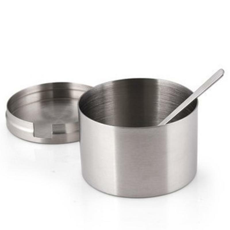 Stainless Steel Sugar Bowl Spoon Seasoning Jar Condiment Pot Spice Container Lid