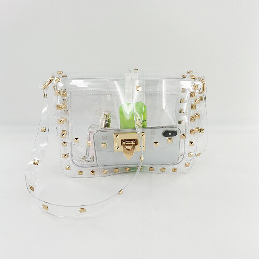 Women PVC Transparent Rivet Shoulder Bag Lady Casual Flap Crossbody Bag
