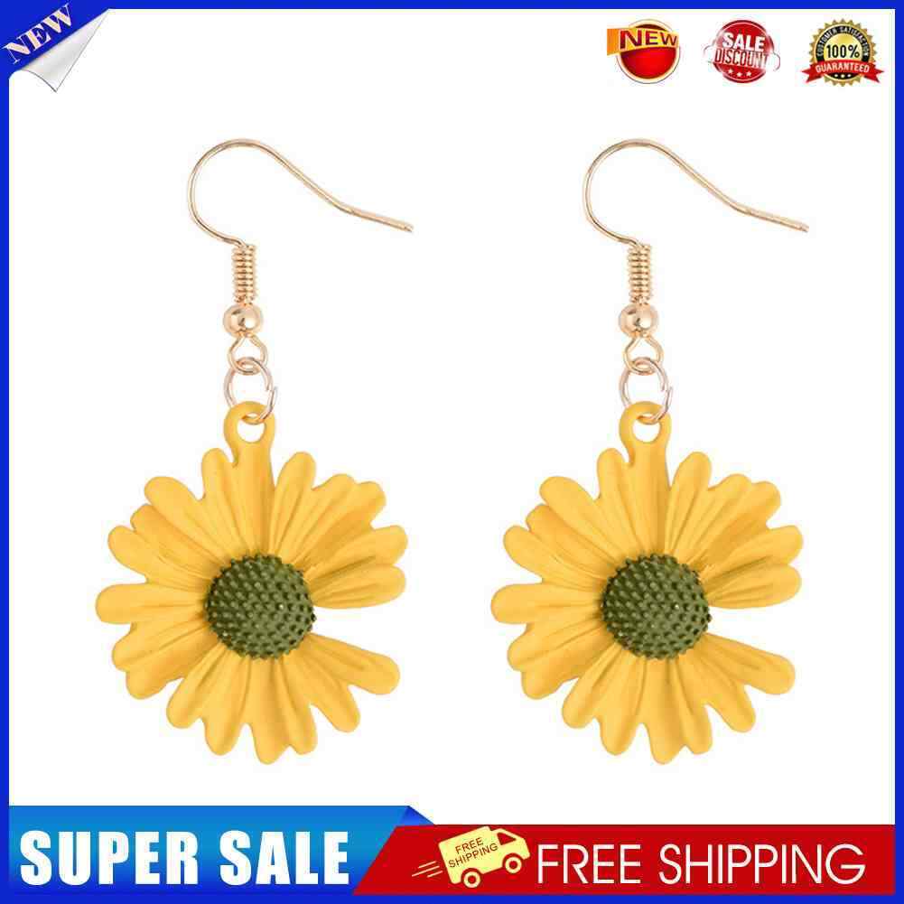 Korean Daisy Hook Dangle Earrings Women Sweet Flower Ear Jewelry (Yellow)