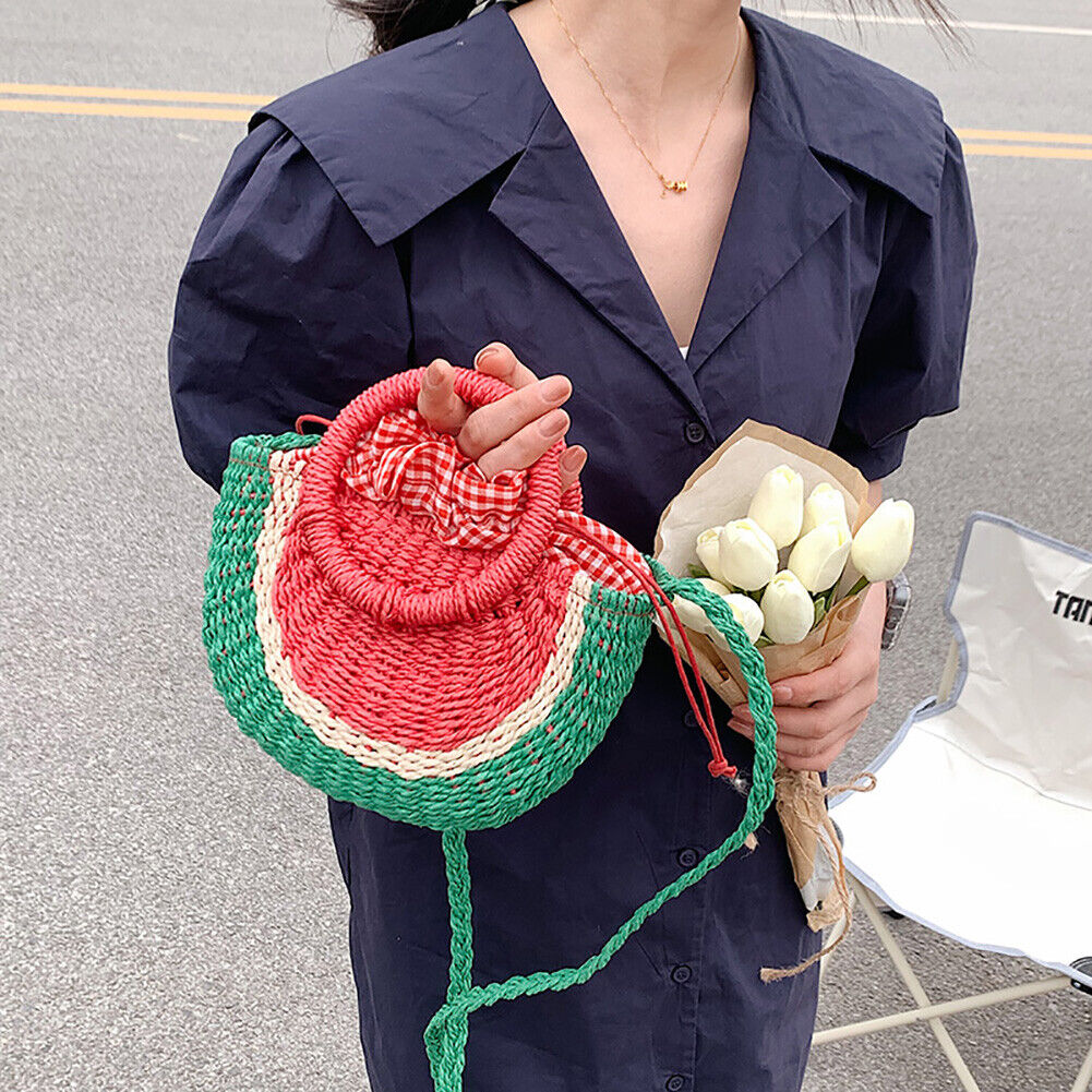 Beach Straw Crossbody Bag Watermelon Handwoven Half Round Holiday Handbag