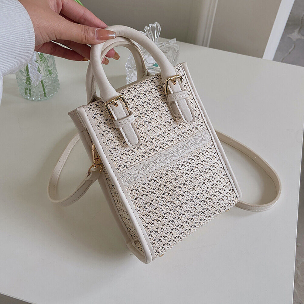 Women Straw Crossbody Bag Boho Beach Hand Woven Purses Tote Handbag (White)
