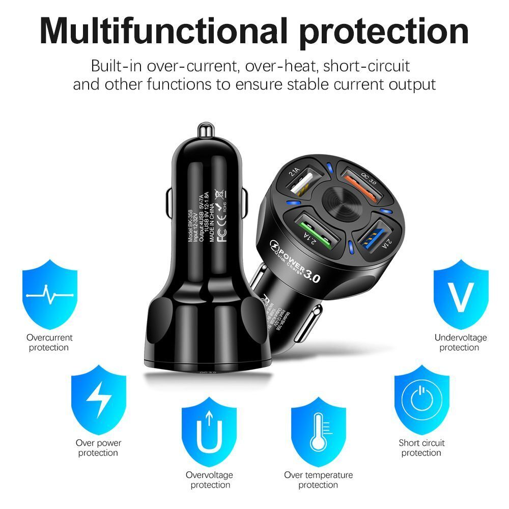 Fast Charge Car Quick Charger 4 USB Car Charger Dual USB Port QC3.0 Car Charger