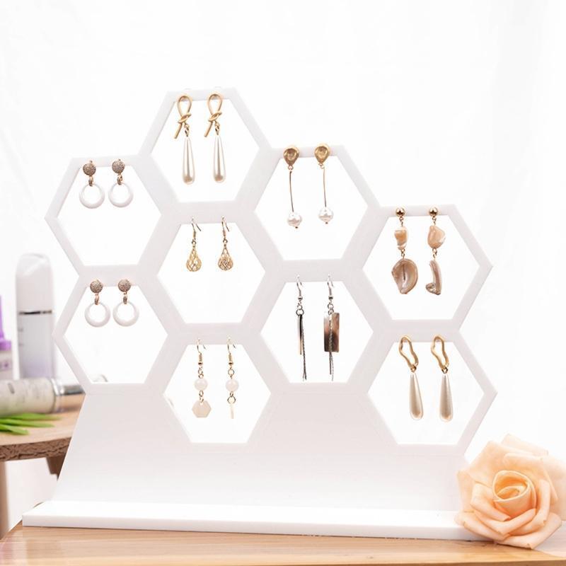 Natural Wood White Honeycomb Jewelry Earring Display Stand Up to Hold 9 Earrings