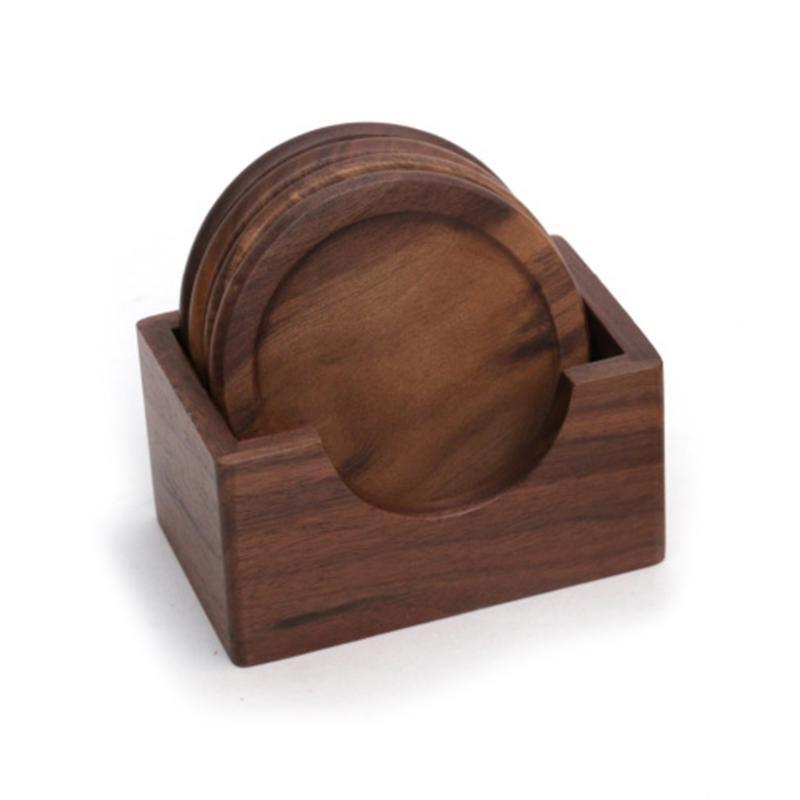 6Pcs/Set Walnut Wood Coasters Placemats Decor Round Heat Resistant Drink Mat Pad