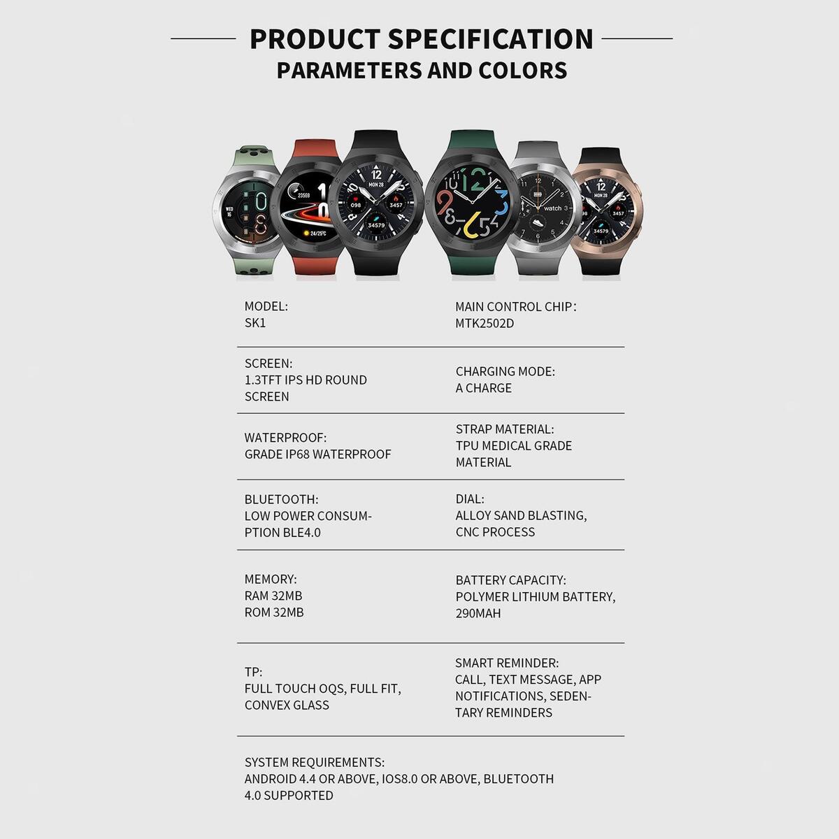 Round Sports 1.3IN Smart Watch Fitness Tracker Calorie Counter Touch Screen Grey