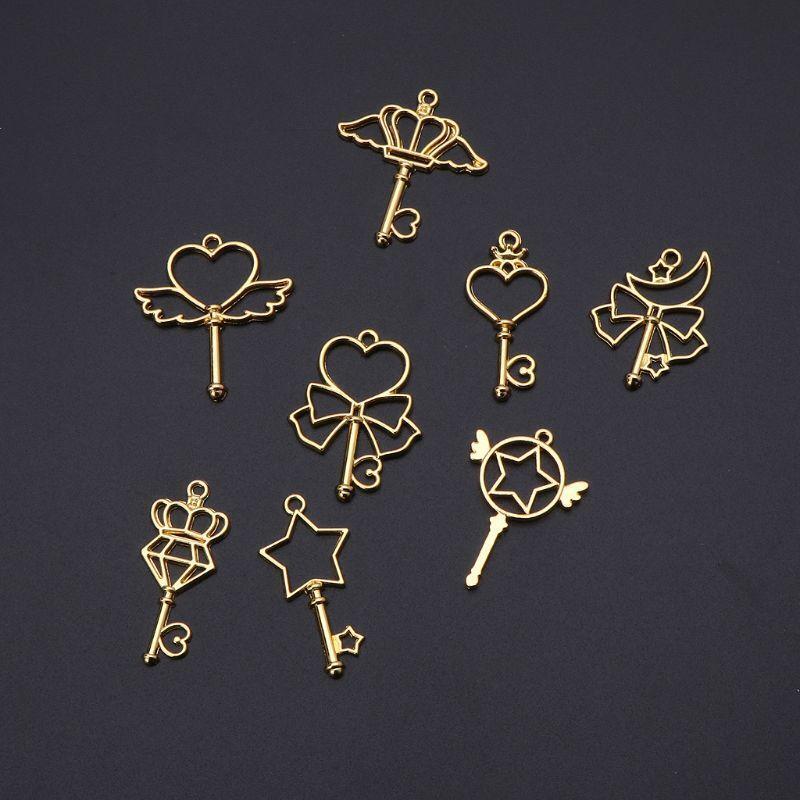 8 Pieces Exquisite Open Bezel Pendants Charms Wand Heart Key Shape Hollow Charm