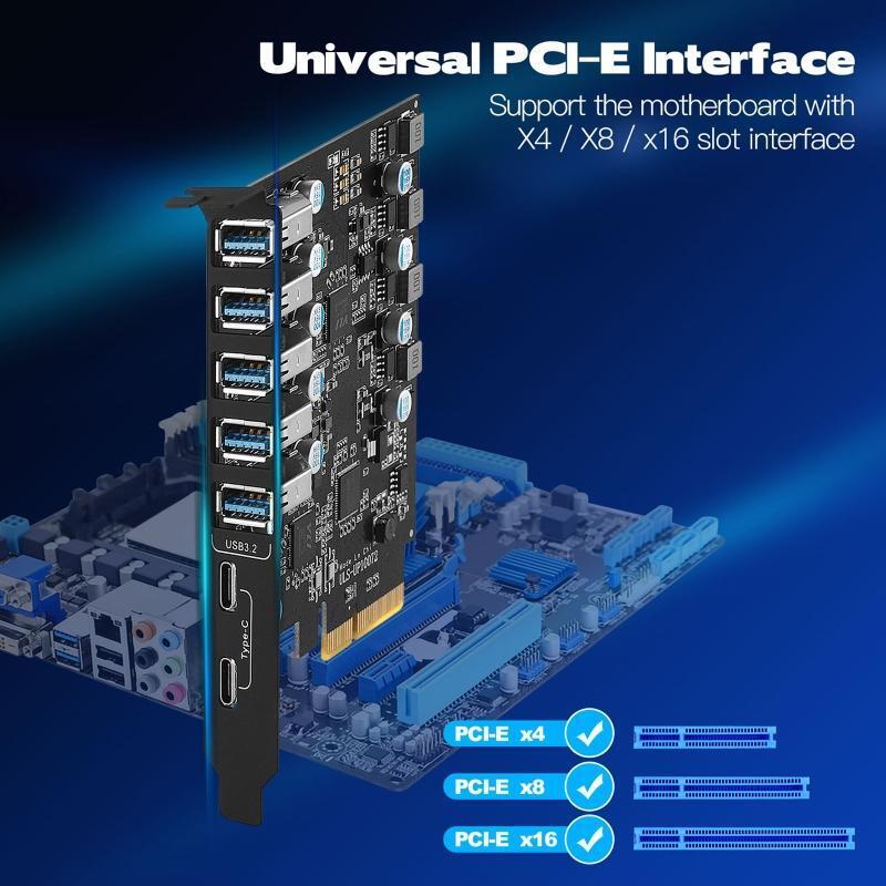 7 Ports USB3.2/3.1 PCIE Expansion Card for Desktop PC w/ 2 Type-C + 5 Type A