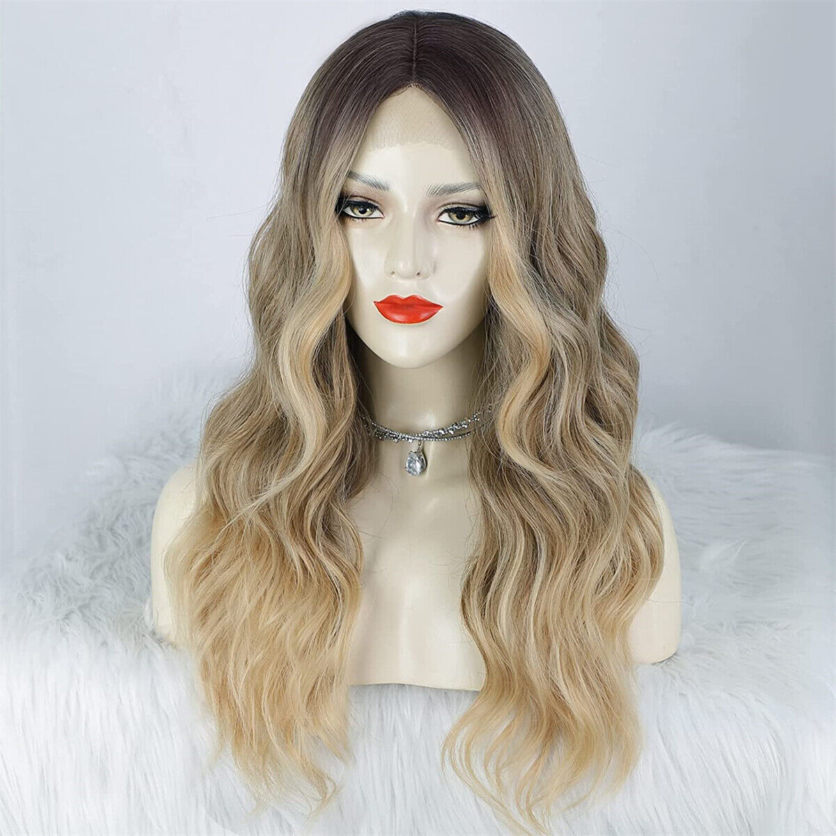 Fashion Womens Long Wavy Curly Hair Wig Ombre Blonde Synthetic Hair Full Wigs