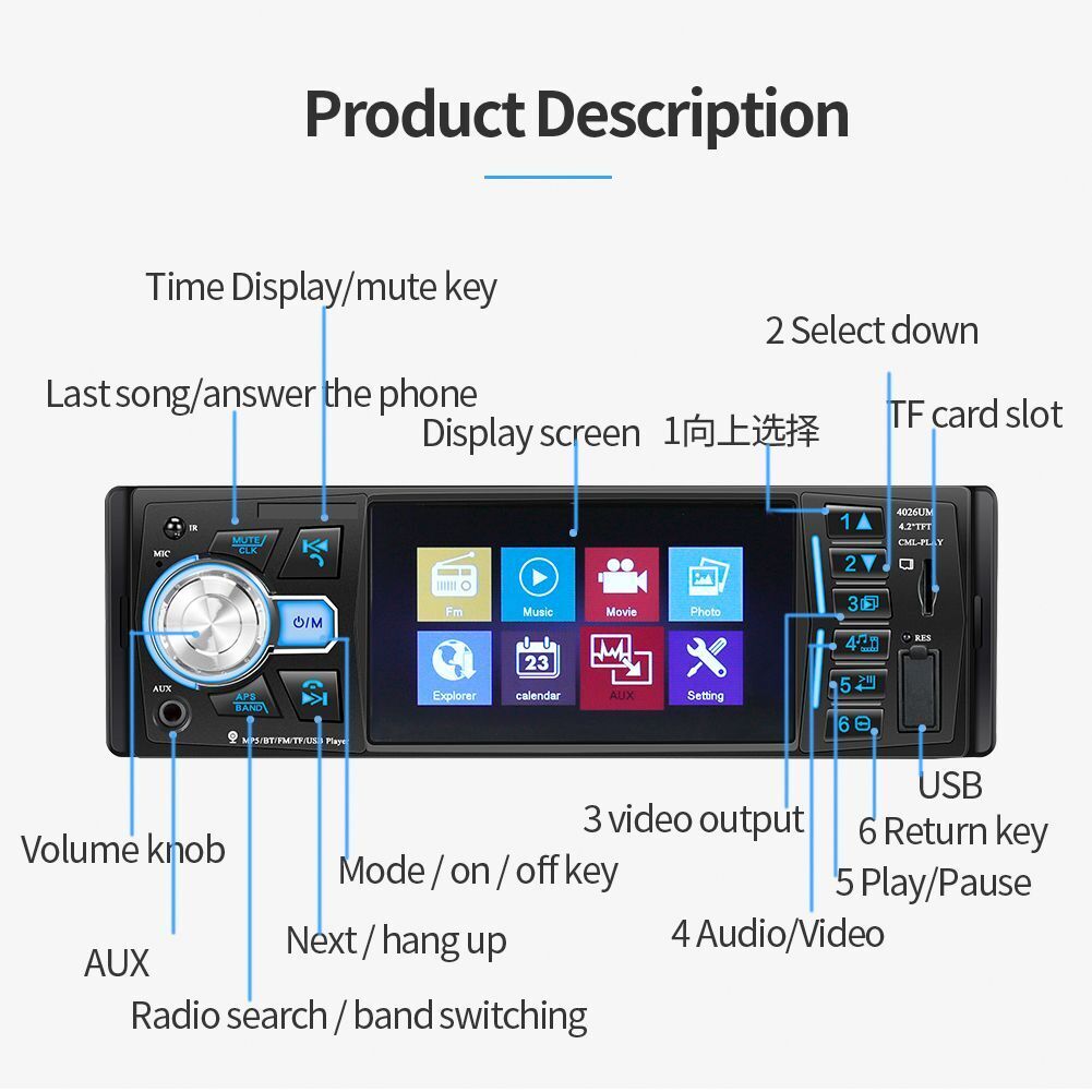 Camera Car Stereo Radio Car MP5 Player In-dash Audio Head Unit Bluetooth