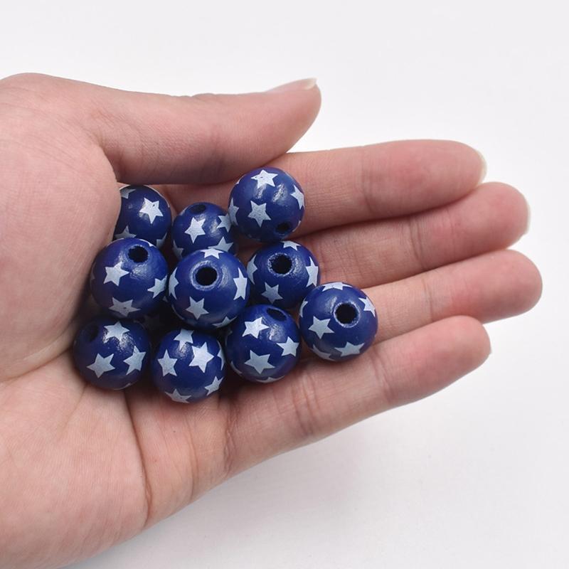 Independence Day Wood Beads 10 Pcs Round Patriotic Star Wooden Bead