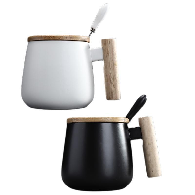 Wooden Handle Ceramic Mug Home Office Tea Milk Coffee Cup with Lid Spoon Teacup