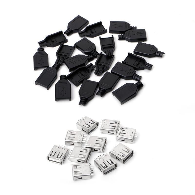 10 Sets Type A Female USB 4 Pin Plug Socket Jack Connector w/Black Plastic Cover