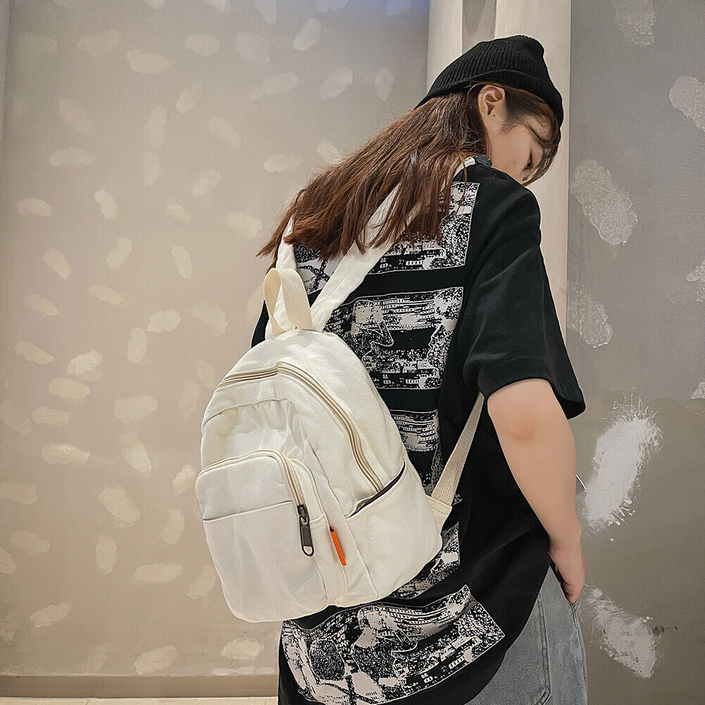 Fashion Women Solid Color Backpack Students Canvas School Knapsacks (White)