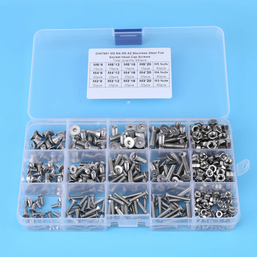 440pc M3 M4 M5 Stainles Steel Hex Socket Flat Head Screw Bolts Nuts kit Durable