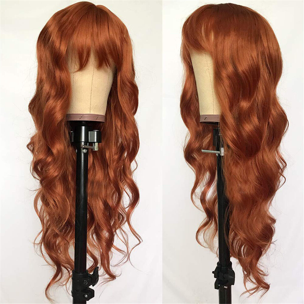 Fashion Women Ginger Orange Long Wave Curly Wigs Synthetic Hair with Full Bangs