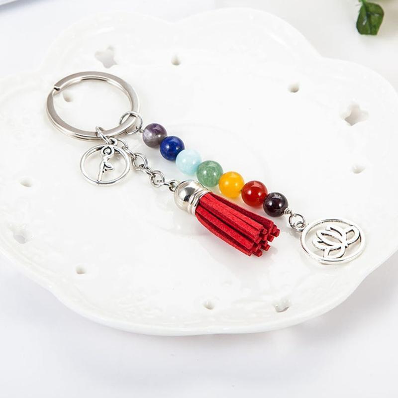 Creative Lotus Tassel Keychain 7 Chakras Colorful Stone Beads for Backpack Purse