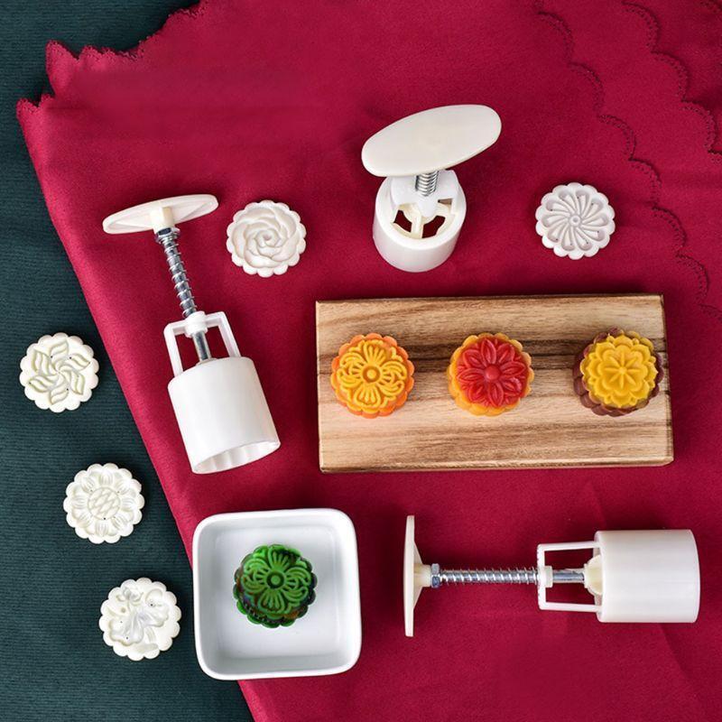 50g Mooncake Mold with 6pcs Flowers Stamps Hand Press Moon Cake Pastry Mould DIY