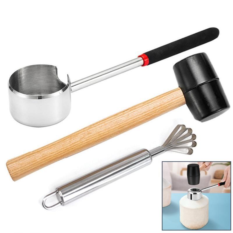 Durable Coconut Opener Tool Set Food Grade Stainless Steel Coconut Grater Hammer