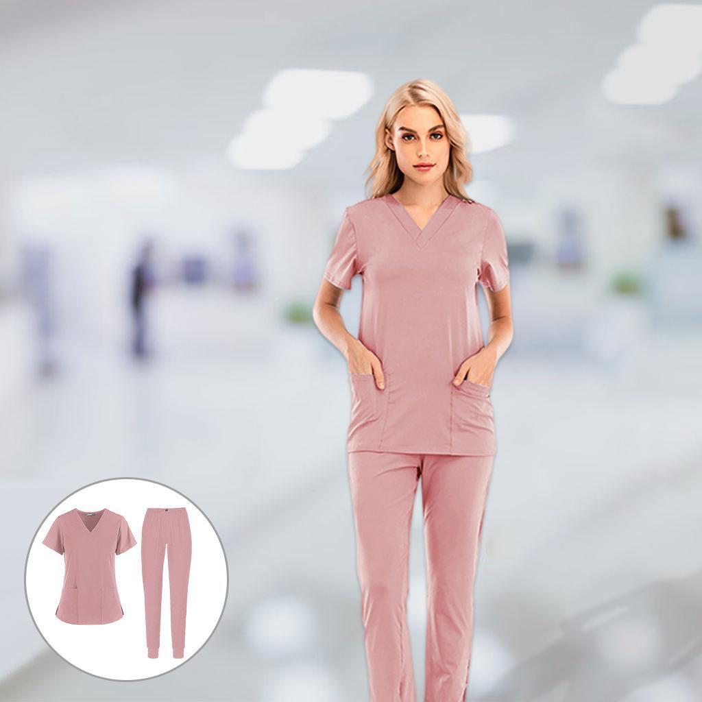 V Neck Nursing Scrub Set Women Short Sleeve Top Pants Workwear Spa Uniforms